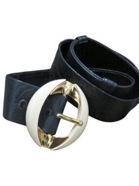 Alexis Kirk Vintage snakeskin leather Navy Gold embellished belt 39" adjustable